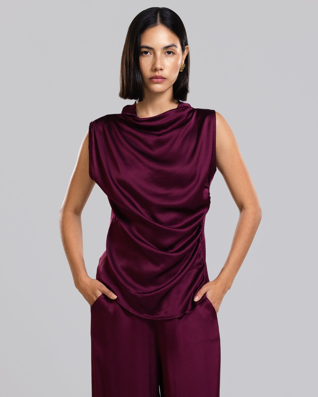 Allegra Draped Satin Sleeveless Top | Burgundy