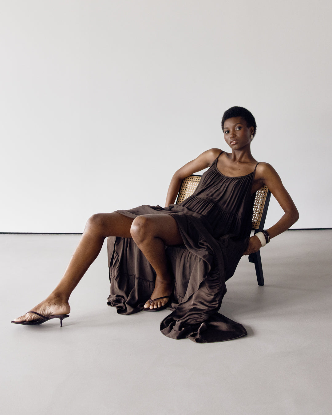 Noelle Strappy Tiered Satin Maxi Dress | Cocoa Soleil