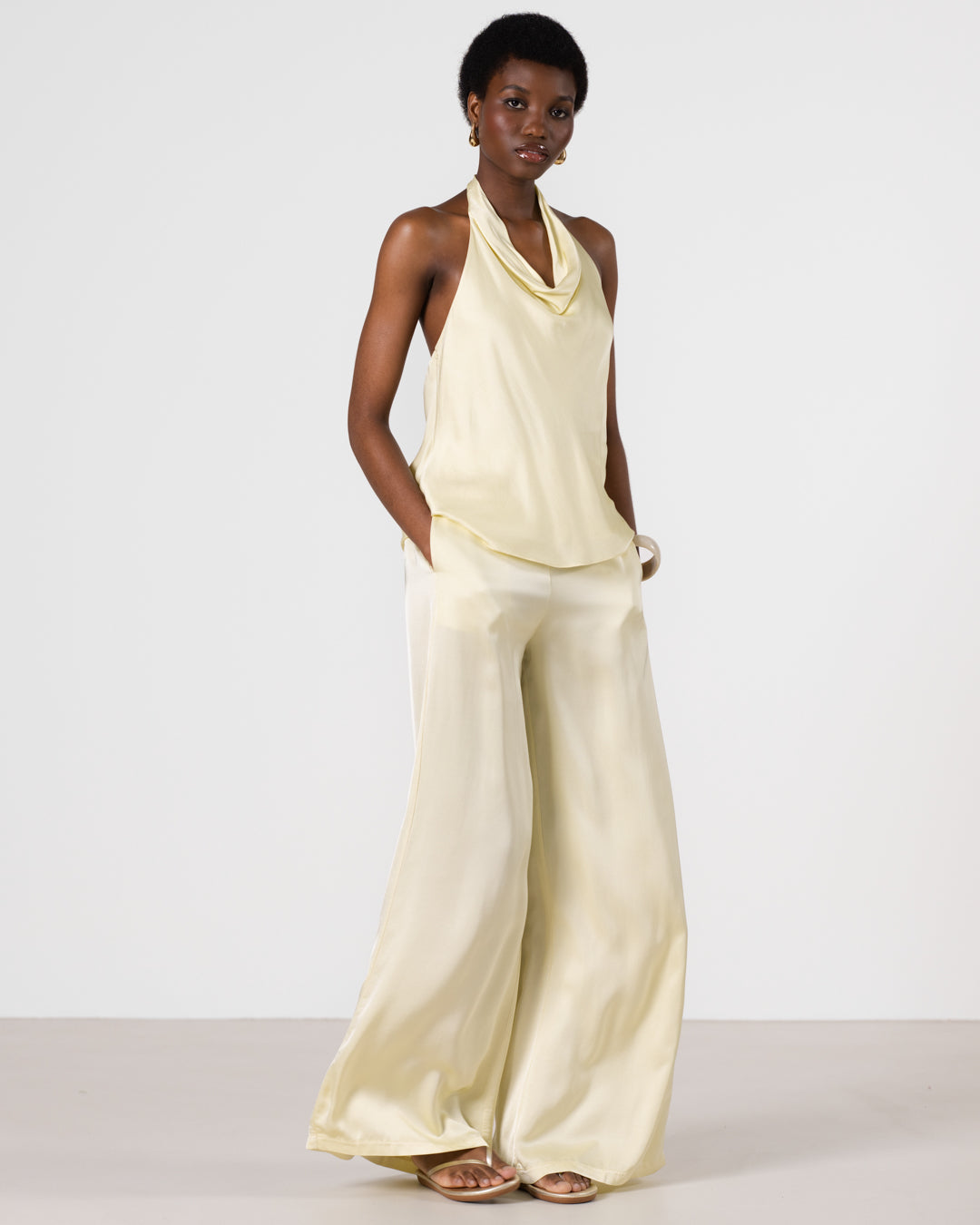 Giselle Elastic High Waist Satin Trousers | Butter Yellow Jo