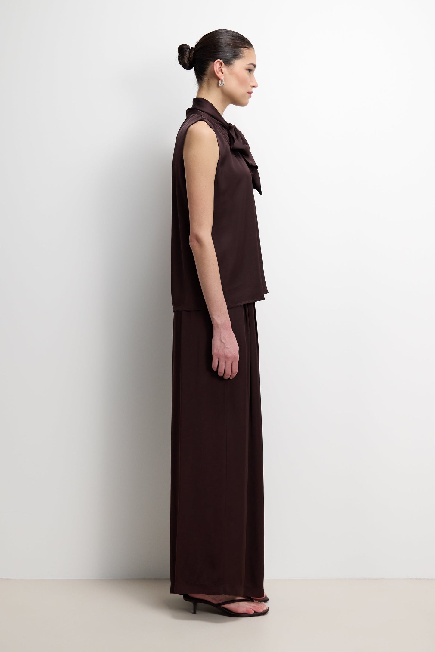 Lyanne Bow Neck Tie Blouse | Espresso Brown Moire