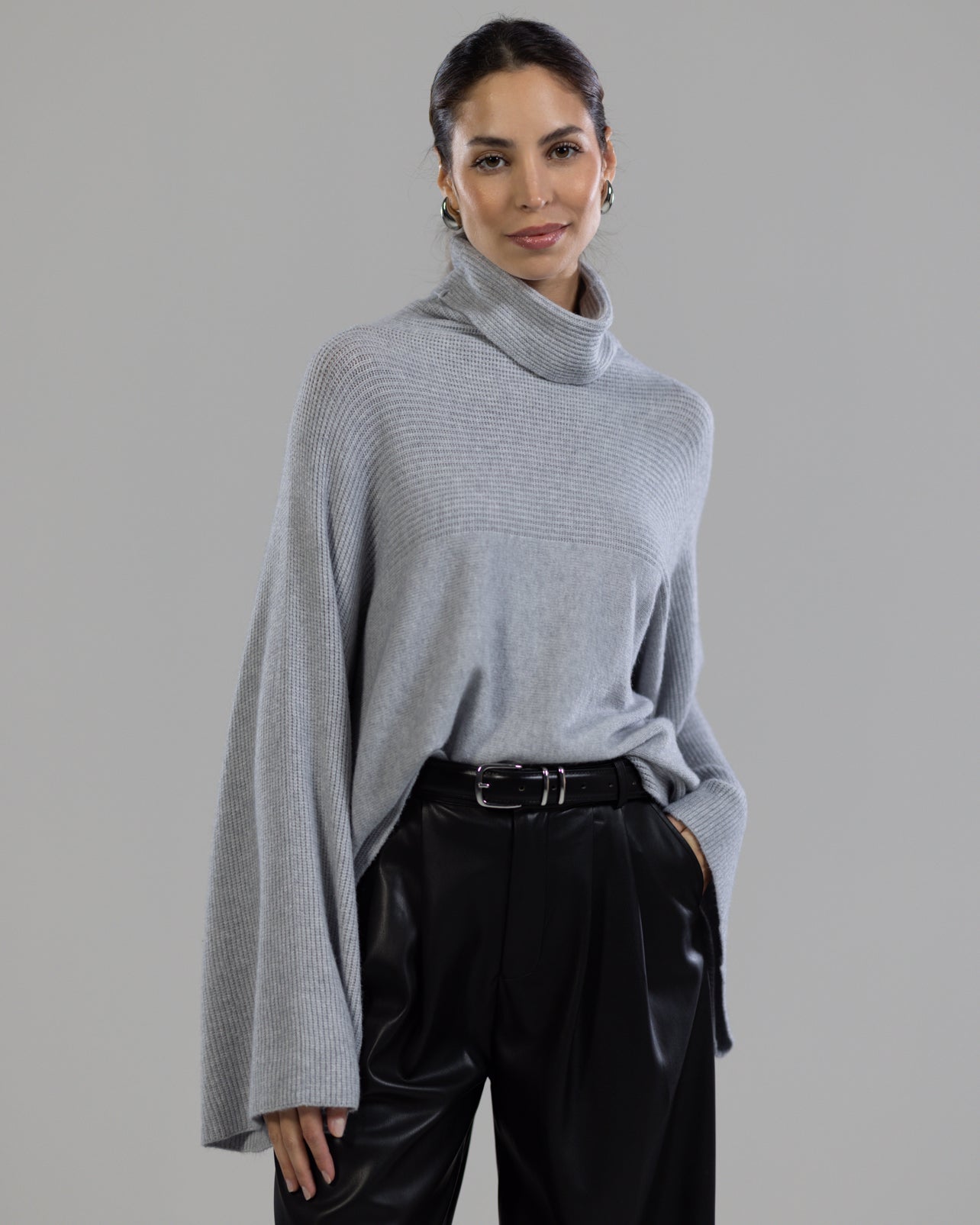 Ribbed Roll Neck Sweater | Light Grey