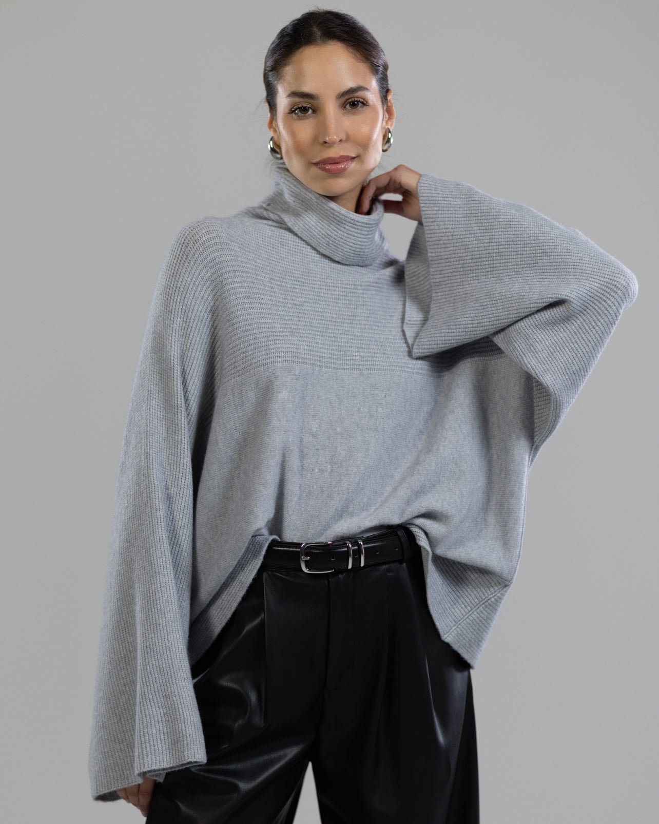 Ribbed Roll Neck Sweater | Light Grey