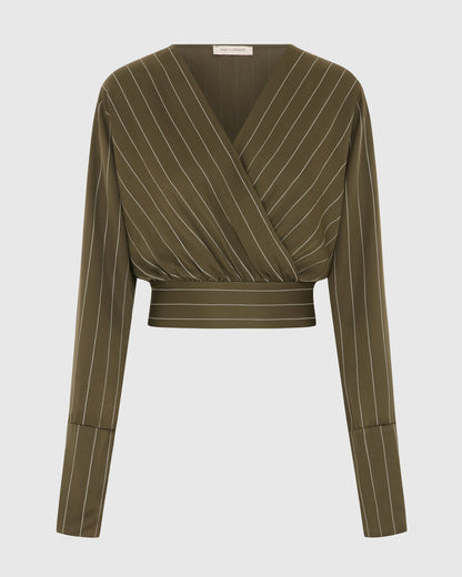 Zoe Pinstripe Elastic Wrap Satin Top | Khaki
