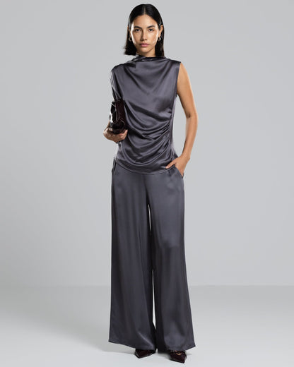 Allegra Draped Satin Sleeveless Top | Charcoal