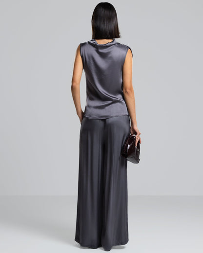 Allegra Draped Satin Sleeveless Top | Charcoal