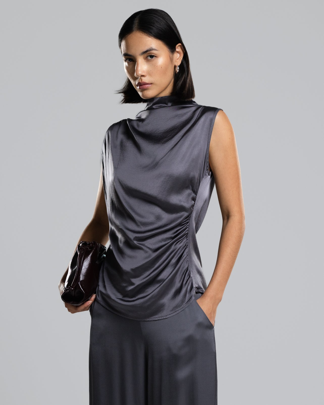 Allegra Draped Satin Sleeveless Top | Charcoal