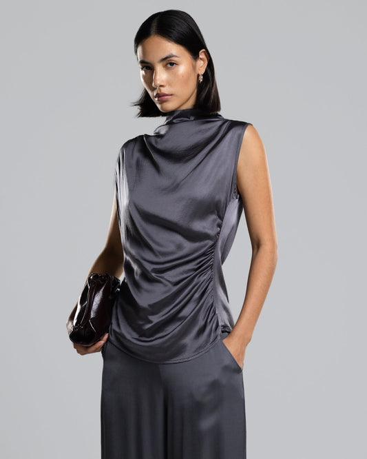 Allegra Draped Satin Sleeveless Top | Charcoal