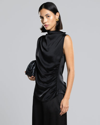 Allegra Draped Satin Sleeveless Top | Black