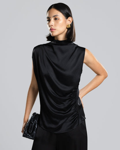 Allegra Draped Satin Sleeveless Top | Black