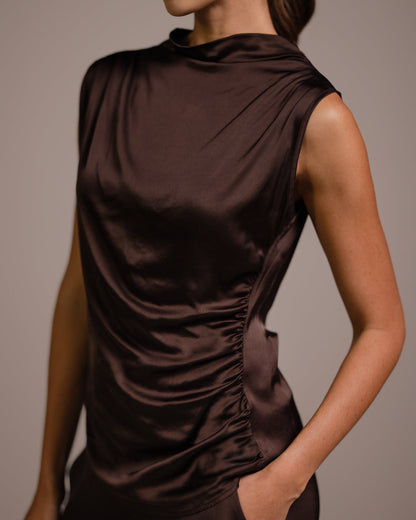 Allegra Draped Satin Sleeveless Top | Espresso Brown