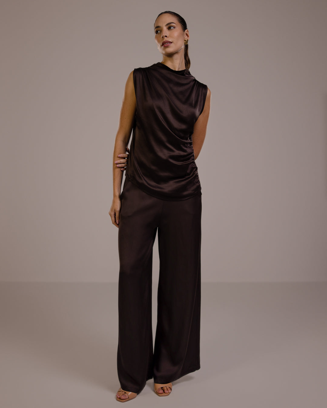 Allegra Draped Satin Sleeveless Top | Espresso Brown