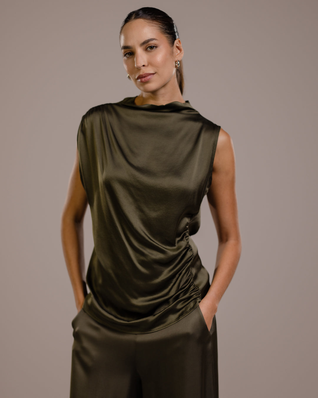 Allegra Draped Satin Sleeveless Top | Khaki