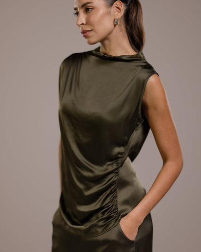 Allegra Draped Satin Sleeveless Top | Khaki