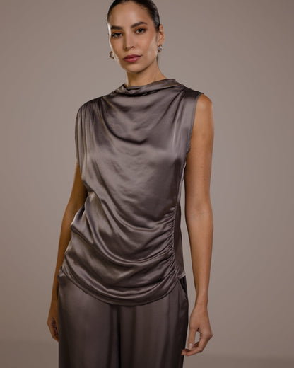 Allegra Draped Satin Sleeveless Top | Mink