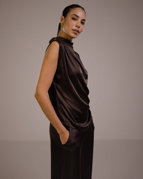 Allegra Draped Satin Sleeveless Top | Espresso Brown