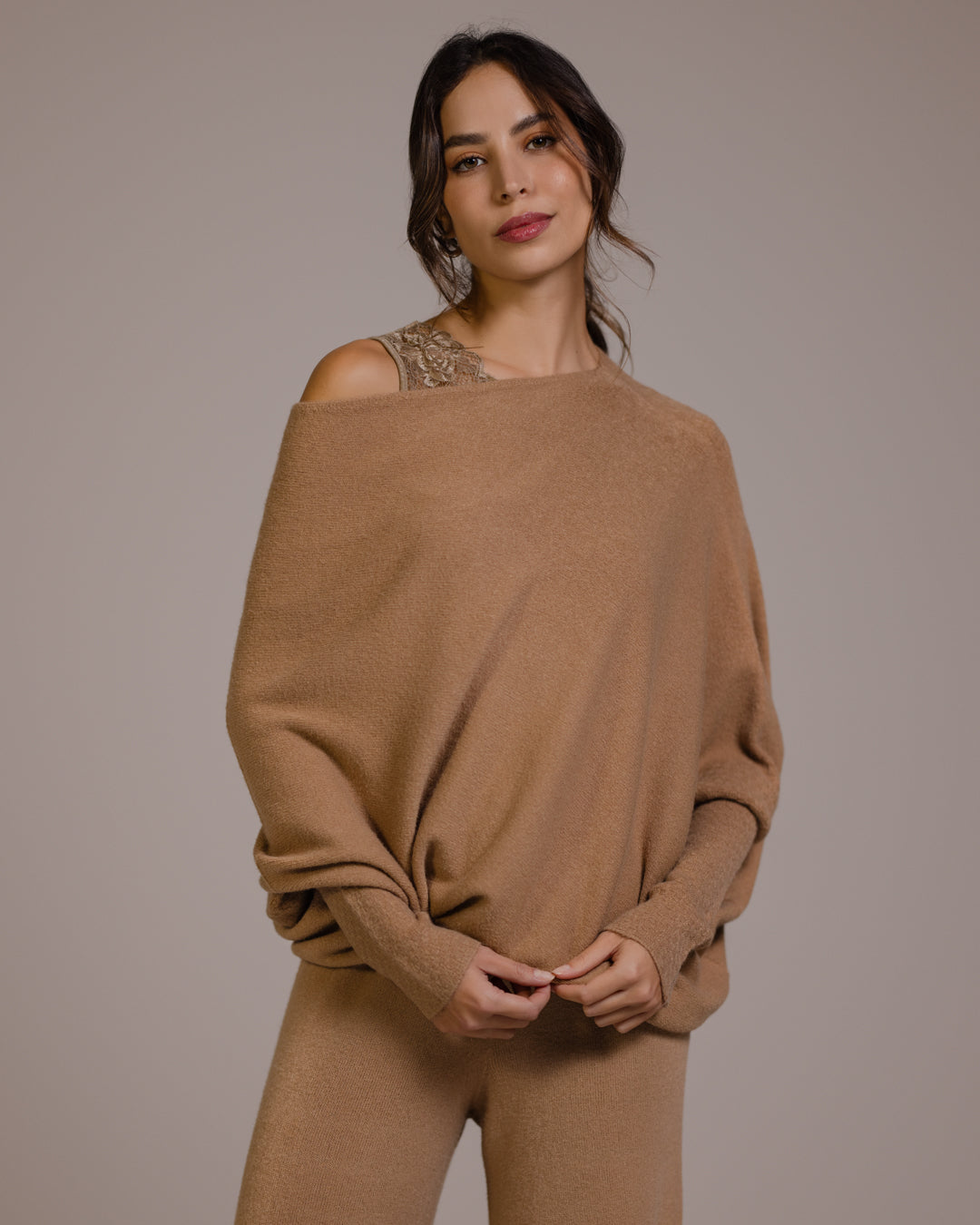 Asymmetric Draped | Camel | Seamless Knit