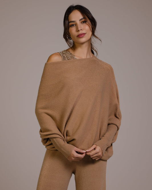 Asymmetric Draped | Camel | Seamless Knit