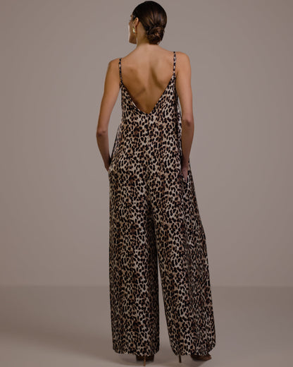 Audrey Satin Jumpsuit | Leopard Brown