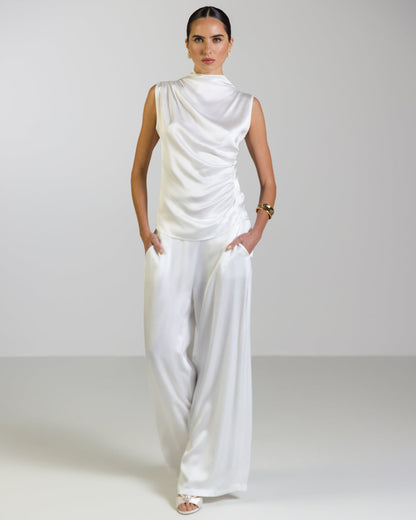 Allegra Draped Satin Sleeveless Top | White