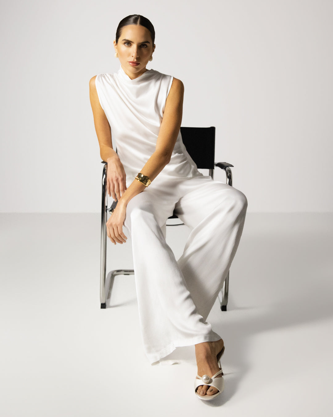 Allegra Draped Satin Sleeveless Top | White