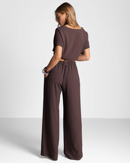 Gabriella Pleated Elastic Waist Trousers | Espresso Brown