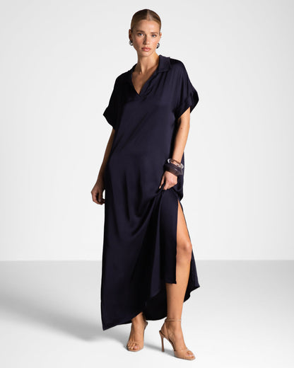 Cleo Satin Kaftan Dress | Navy