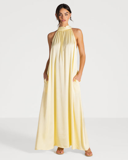 Ruby Halterneck Satin Dress | Pastel Yellow