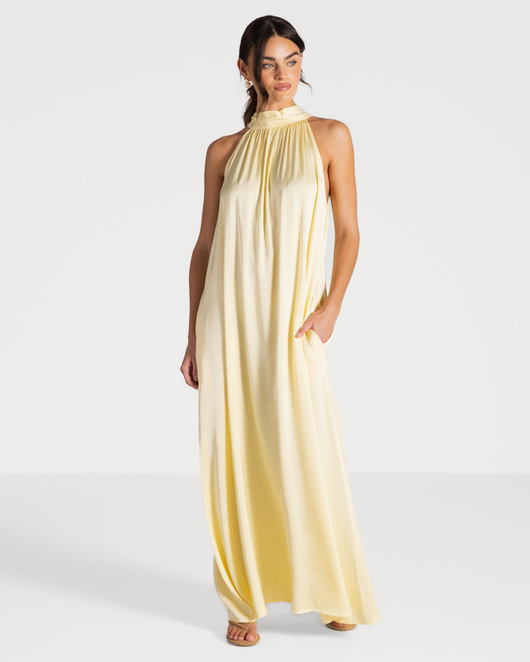 Ruby Halterneck Satin Dress | Pastel Yellow