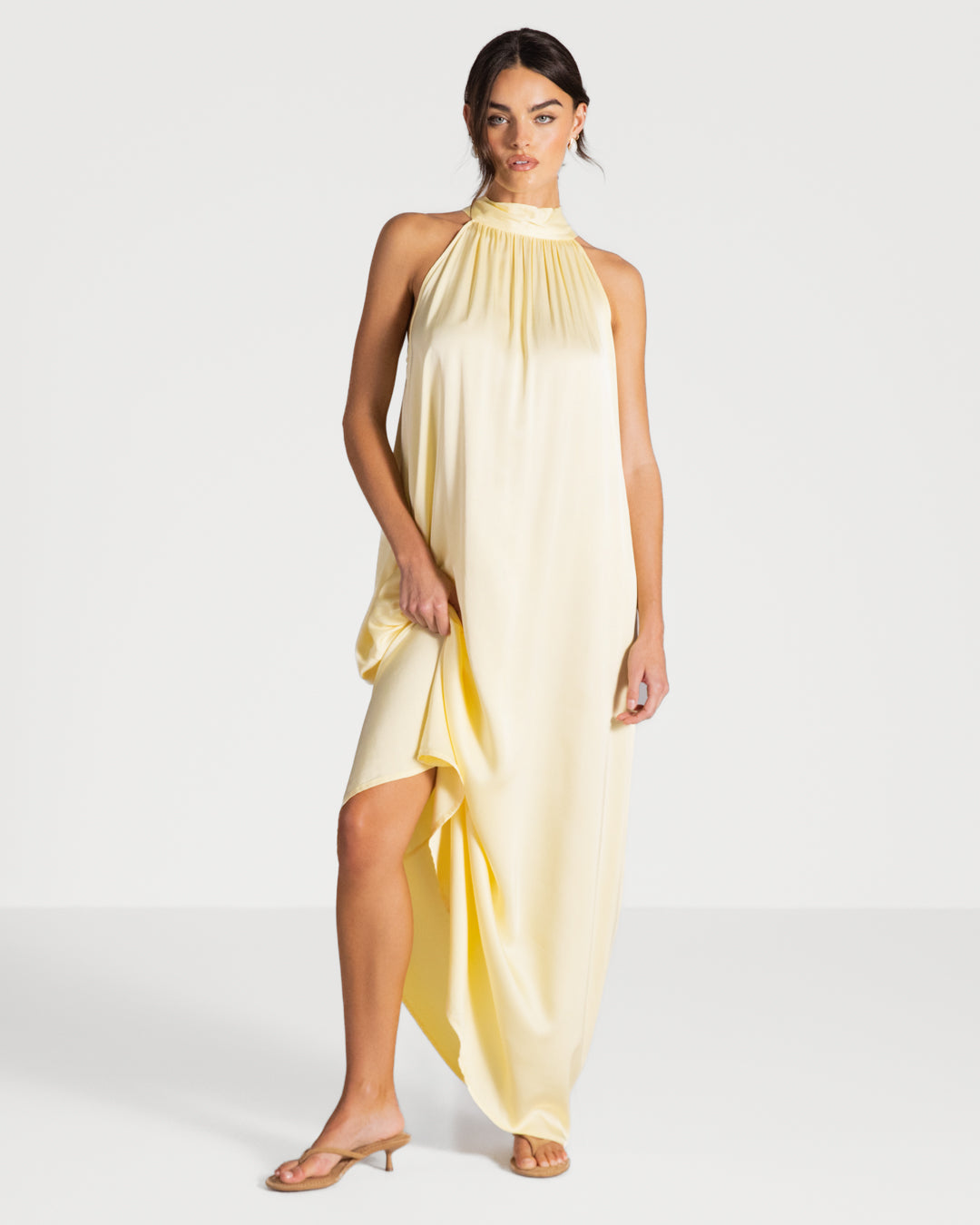Ruby Halterneck Satin Dress | Pastel Yellow