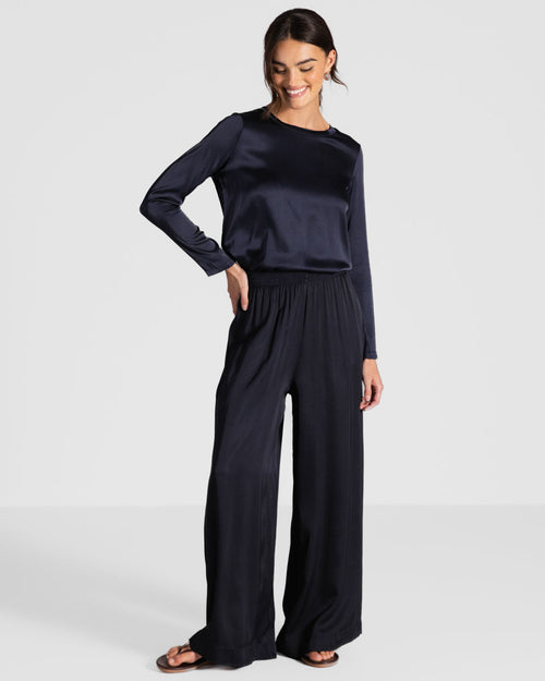 Daisy Elastic Waist Satin Pants | Navy