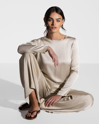 Daisy Elastic Waist Satin Pants | Cream