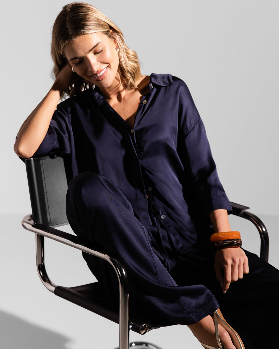 Nora Drawstring Satin Pants | Navy