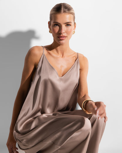 Audrey Satin Jumpsuit | Mocha
