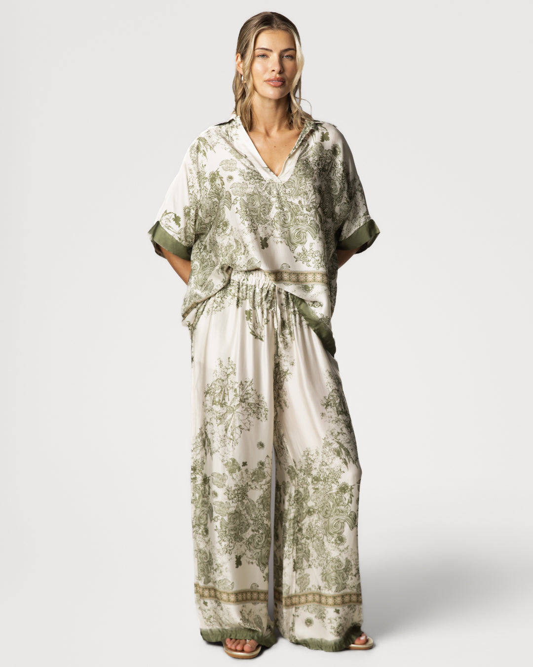 Ottilie Elastic Waist Silk Trousers | Khaki