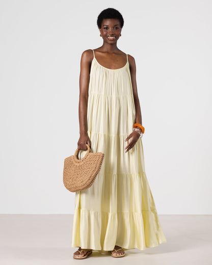 Noelle Strappy Tiered Satin Maxi Dress | Butter Yellow