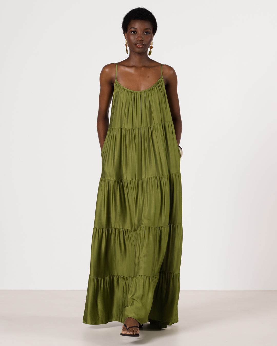 Noelle Strappy Tiered Satin Maxi Dress | Olive Green
