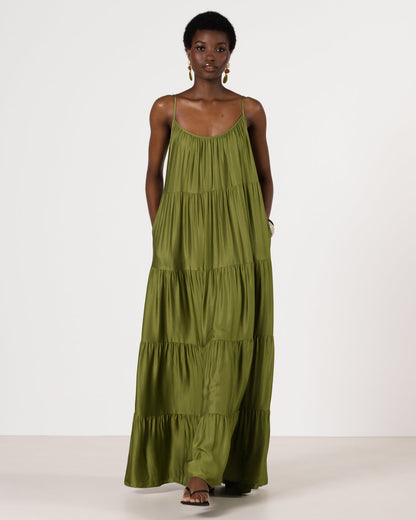 Noelle Strappy Tiered Satin Maxi Dress | Olive Green