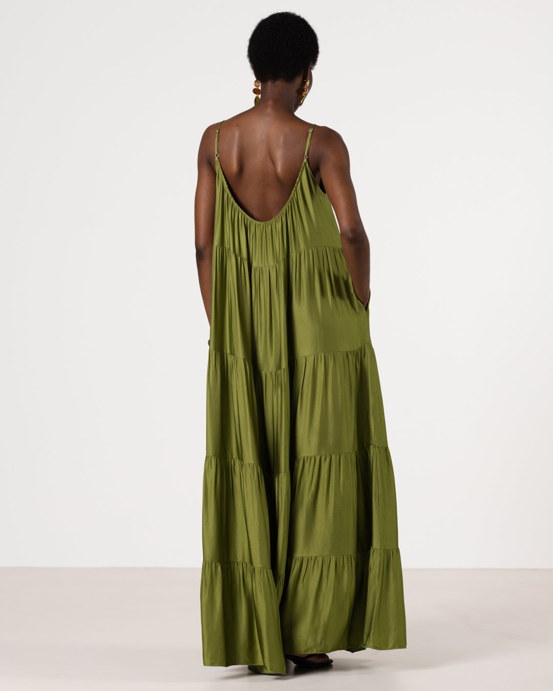 Noelle Strappy Tiered Satin Maxi Dress | Olive Green
