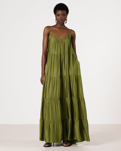 Noelle Strappy Tiered Satin Maxi Dress | Olive Green