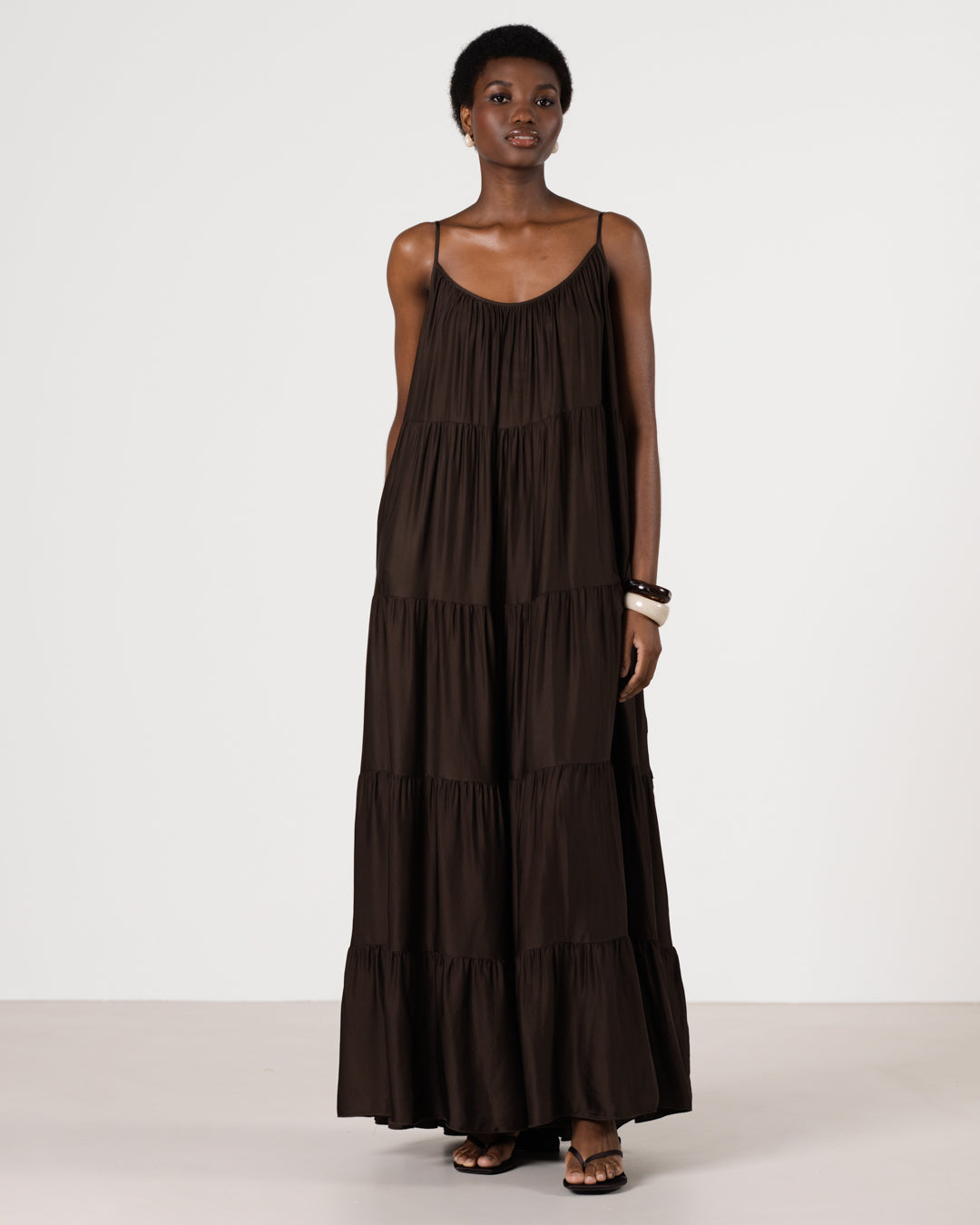 Noelle Strappy Tiered Satin Maxi Dress | Cocoa Soleil