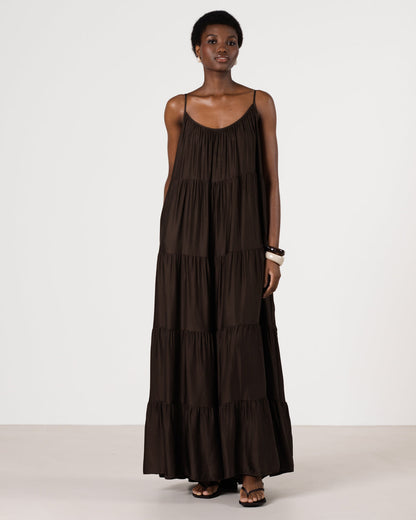 Noelle Strappy Tiered Satin Maxi Dress | Cocoa Soleil