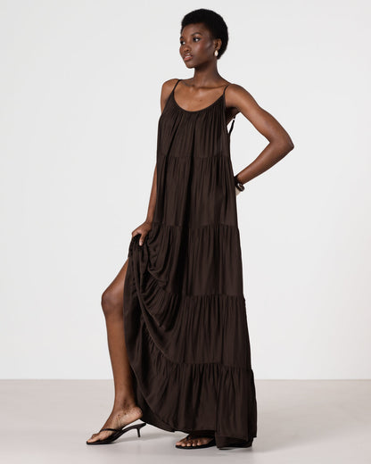 Noelle Strappy Tiered Satin Maxi Dress | Cocoa Soleil