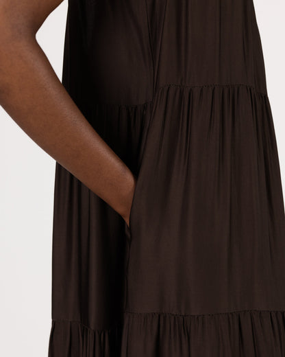 Noelle Strappy Tiered Satin Maxi Dress | Cocoa Soleil