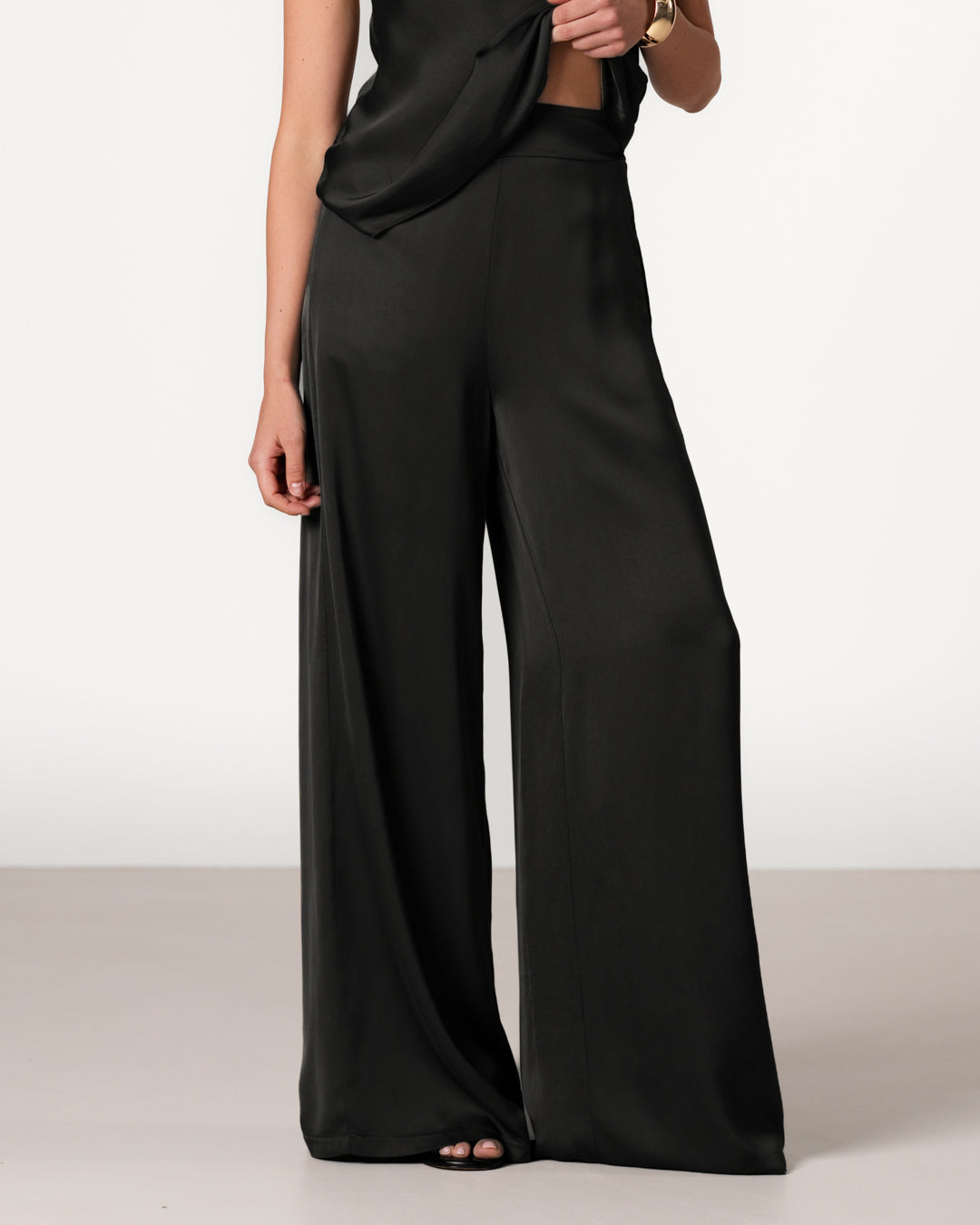 Giselle Elastic High Waist Satin Trousers | Black