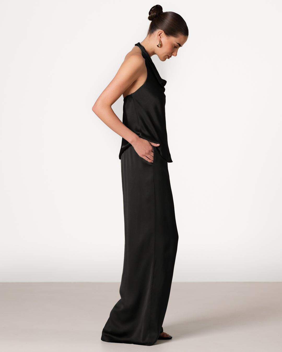 Giselle Elastic High Waist Satin Trousers | Black
