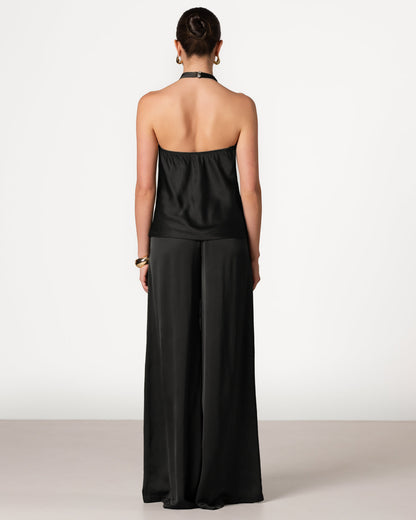 Giselle Elastic High Waist Satin Trousers | Black