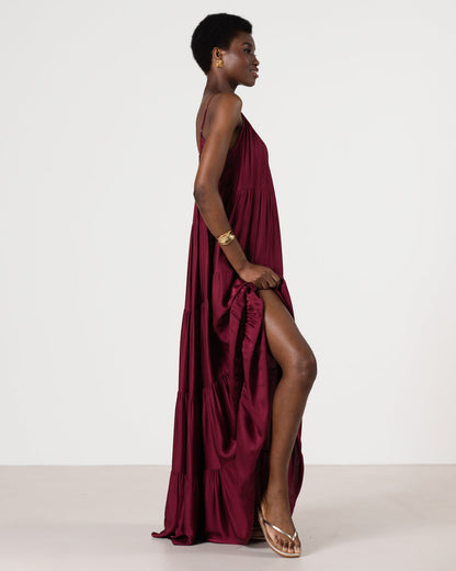 Noelle Strappy Tiered Satin Maxi Dress | Dark Cherry