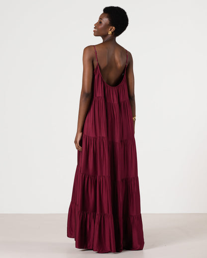 Noelle Strappy Tiered Satin Maxi Dress | Dark Cherry