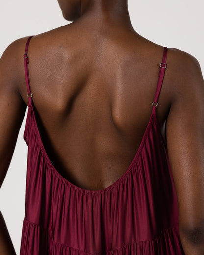 Noelle Strappy Tiered Satin Maxi Dress | Dark Cherry