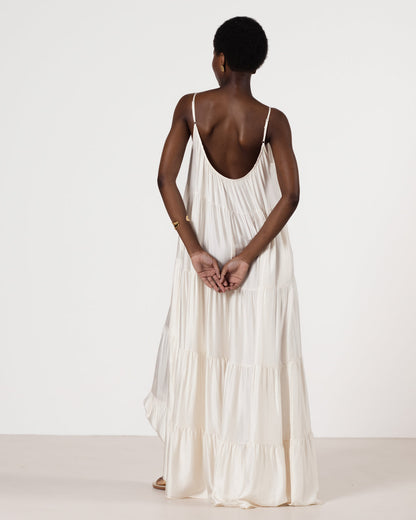Noelle Strappy Tiered Satin Maxi Dress | Ivory